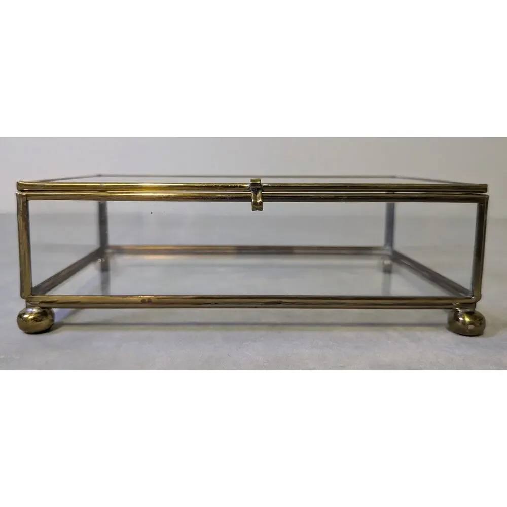 Vintage Brass & Glass Trinket Box Etched Floral Lid Jewelry Case Vanity Decor